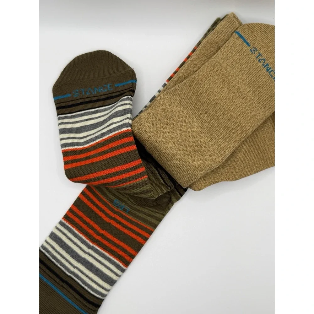 Stance Casual 2 Pack Socks Green Orange Stripe Crew Mid Cushion Mens L NWT